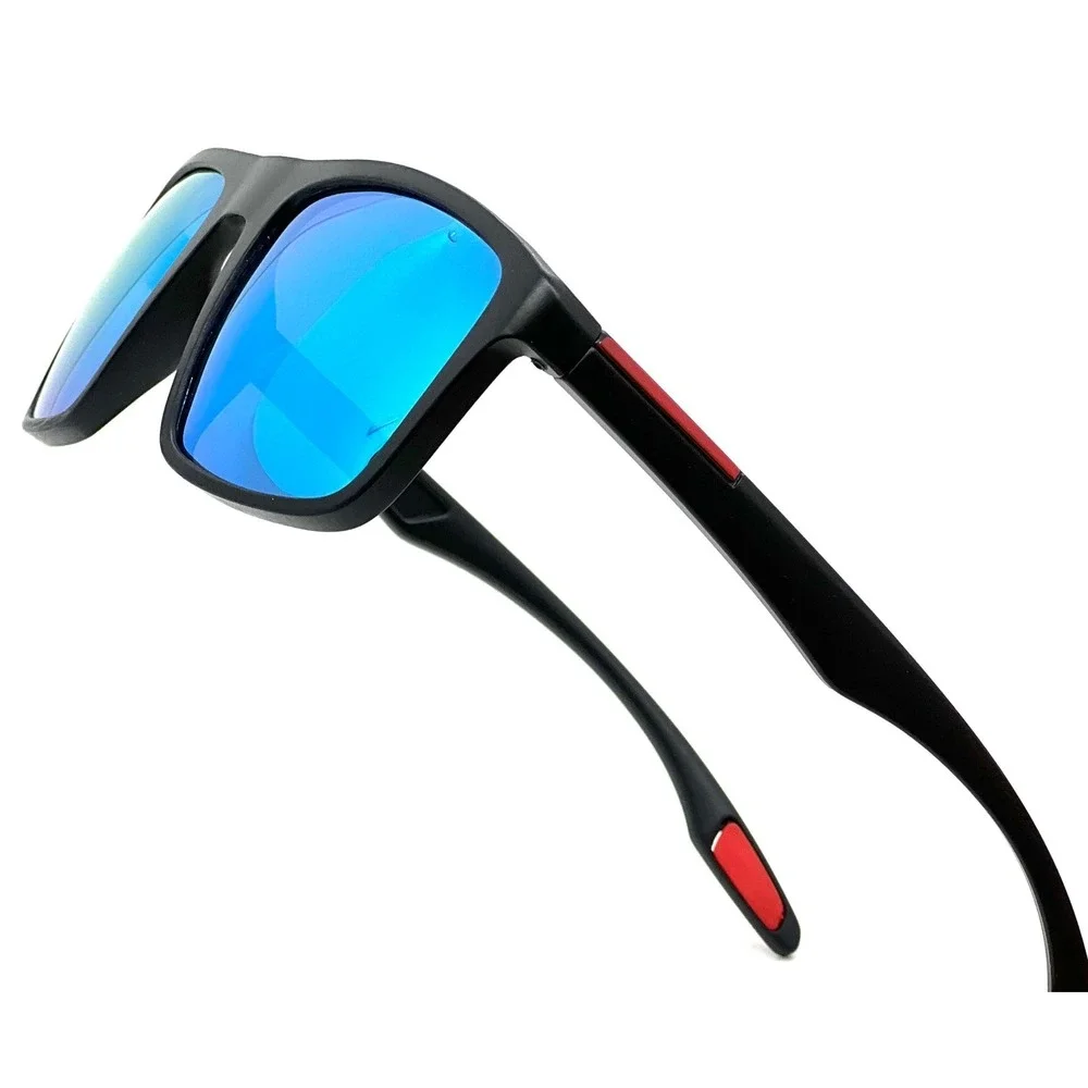 Mens Square Sunglasses Black Frame Blue Mirrored Lens Accents Outdoor Work Gafas